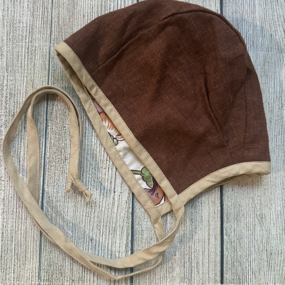 Kids Brown Cotton Bonnet with Beige Trim